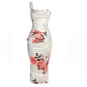 JLUXLABEL Strapless White Dress with Red Floral Print